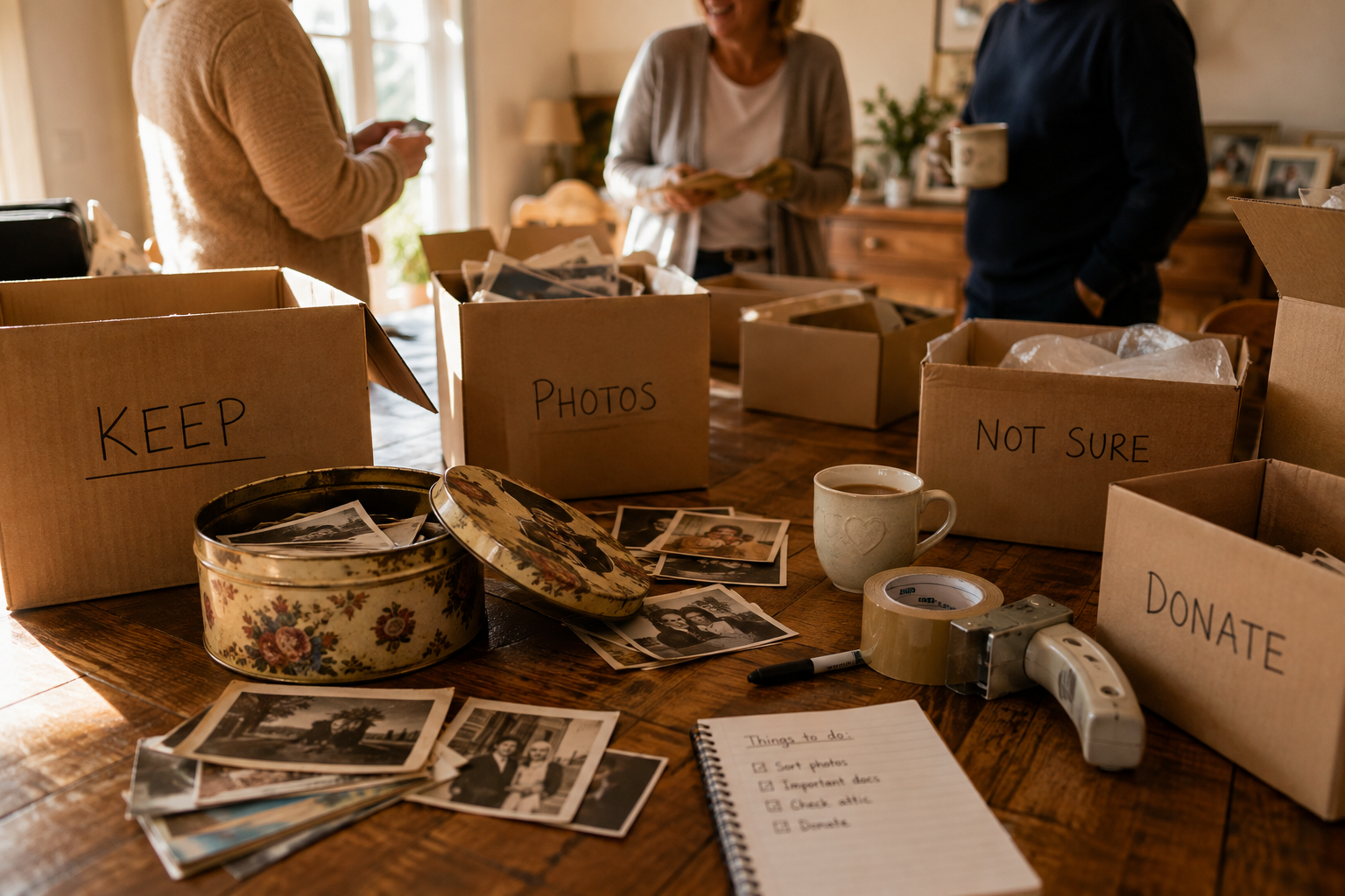 Family sorting boxes and old photographs while emptying a home