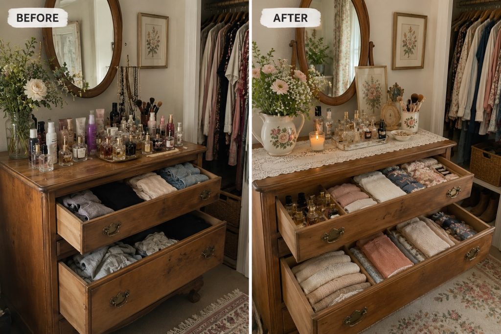 Before and after of a cottage-style dresser with cosmetics, perfume and clothes organised