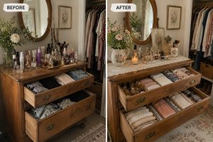 Before and after of a cottage-style dresser with cosmetics, perfume and clothes organised