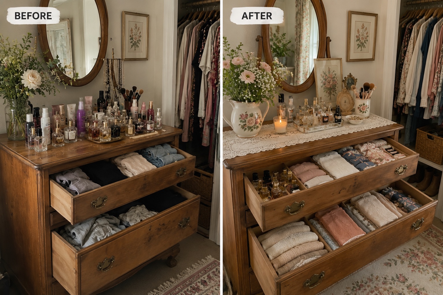 Before and after of a cottage-style dresser with cosmetics, perfume and clothes organised