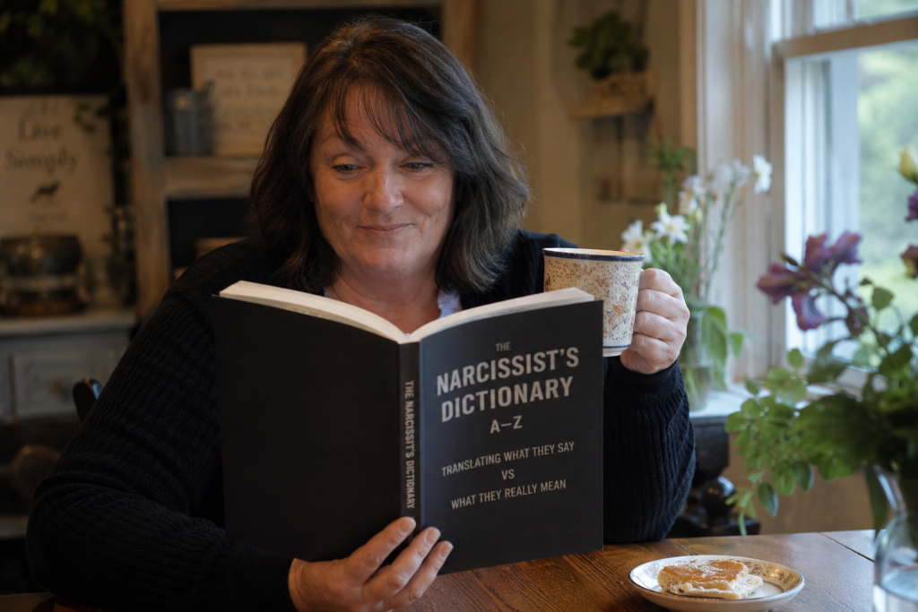 Woman reading about narcissist phrases while enjoying a cup of tea
