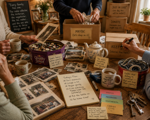 Family sorting treasured belongings while helping parents declutter a family home