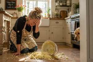 A middle-aged woman kneels on the kitchen floor laughing through tears after accidentally dropping a bowl of mashed potatoes in a cosy farmhouse kitchen while a curious dog watches nearby.