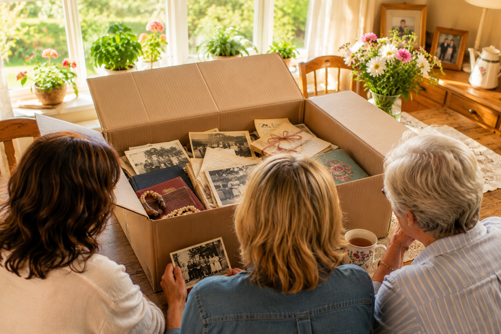 Open memory box with family photographs, handwritten letters and keepsakes during a home transition
