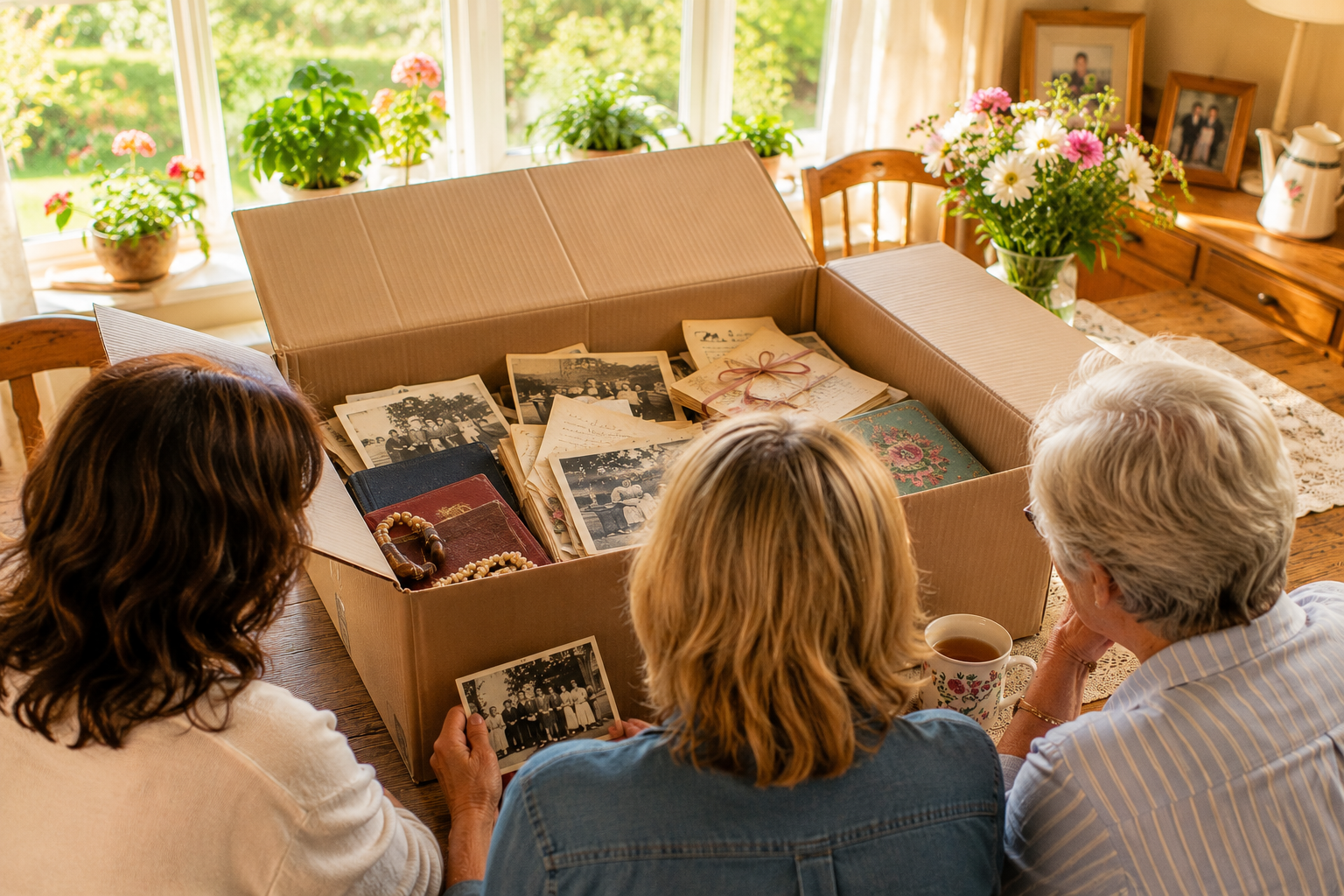 Open memory box with family photographs, handwritten letters and keepsakes during a home transition