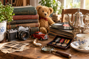 Vintage books, silverware, medals and collectibles showing what may be valuable before donating.