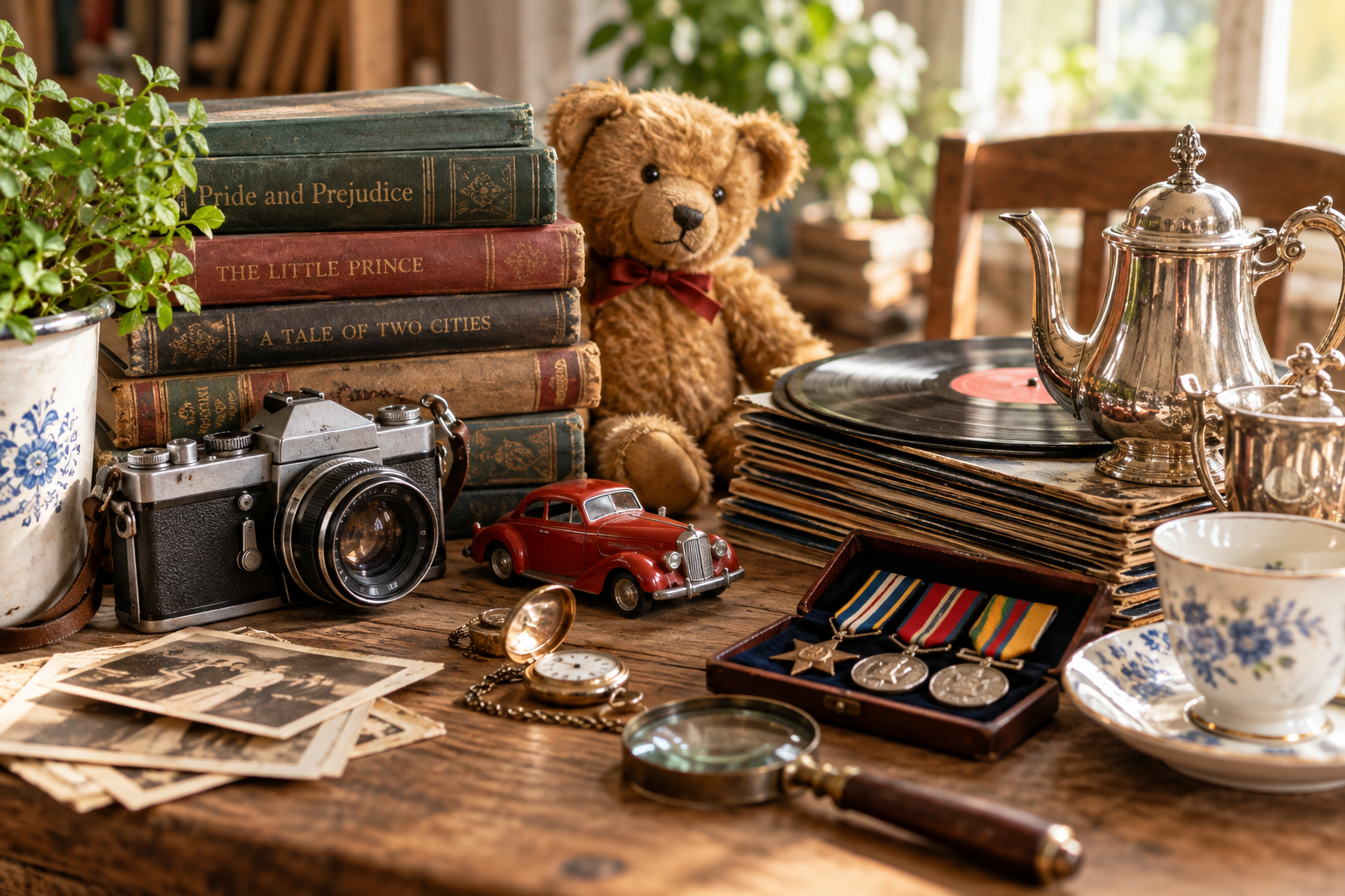 Vintage books, silverware, medals and collectibles showing what may be valuable before donating.