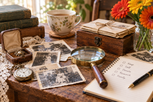 Vintage family keepsakes, old photographs and a magnifying glass on a rustic table while sorting what is valuable before donating